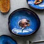 Керамическая блюдо неправильной формы JAGENCN в скандинавском стиле, блюдо для салата, столовые приборы с синей глазурью, блюдо для еды, глубокая тарелка, Бытовая Посуда