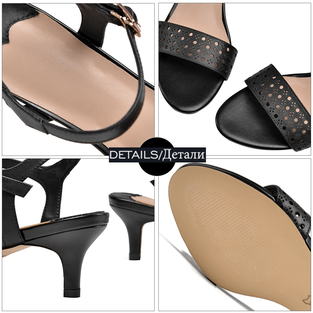 

ISNOM New Women's Sandals Cutouts Genuine Leather Summer Shoes Woman Ankle Strap Med Heels Ladies Sandals Dress Shoes Elegant