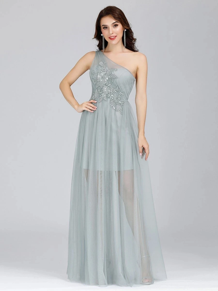

Dainty Asymmetric Shoulder Evening Dresses Wholesale with Applique