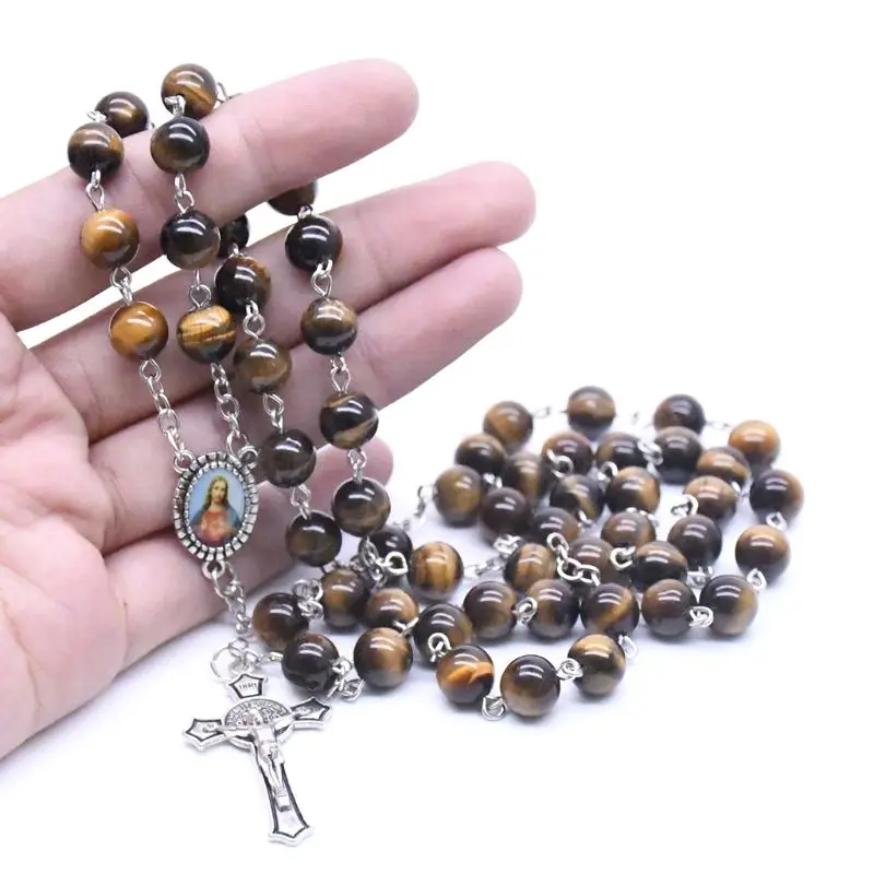 Четки молитвенные бусы тигровый глаз камень ожерелье крест кулон религиозный
