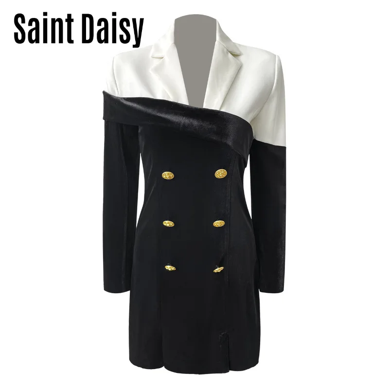 

Women Formal Dresses Office Autumn Clothes Elegant Fall 2021 Knee-Length V-Neck Patchwork Black White High Fashion Lady 22726