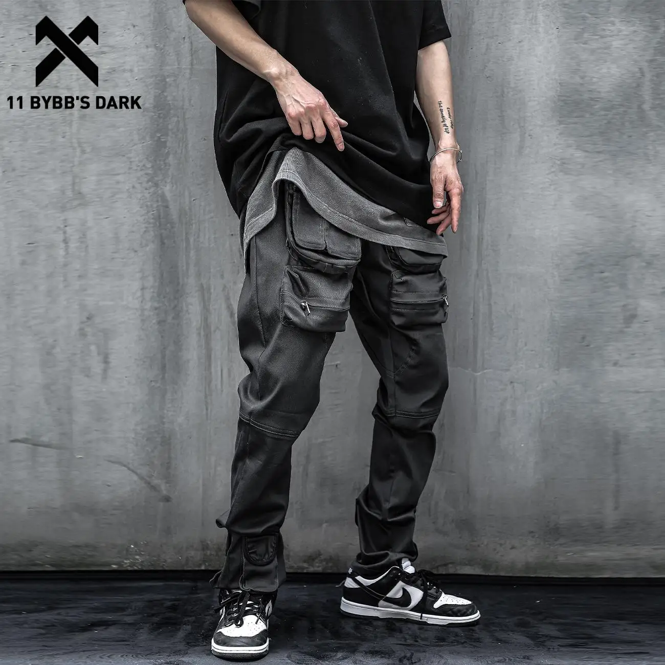 

11 BYBB'S темно Тактический Брюки карго человек уличной моды в стиле панк из натуральной кожи передняя молния карманы штаны с карманами 2021 функ...