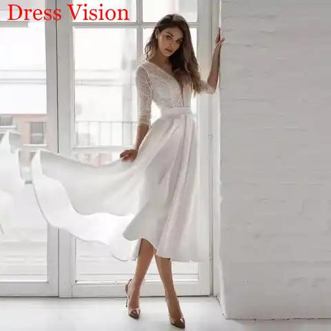 Lace V-neck Wedding Dresses Tea Length Свадебное платье Formal Wedding Bridal Gowns Vestidos De Novia Robe De Mariée