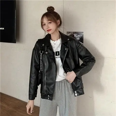 

2021 New Fall/winter Women's Coat Leather Jacket Winter Chic Long Sleeve PU Bike Jacket Casual Short Women's Faux Leather Jacket
