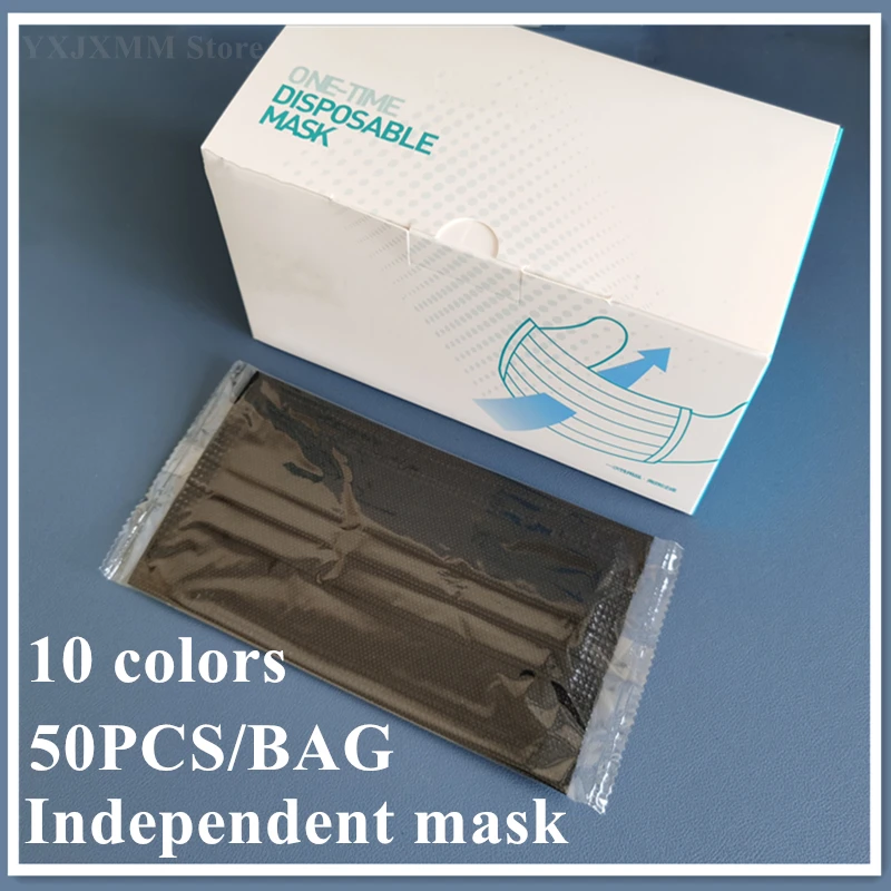 

10/50/200pcs Black With Box Mask 3 Layer Disposable Independent Mask Multi Color Printed Mask Filter Adult Face Masks 10 Color