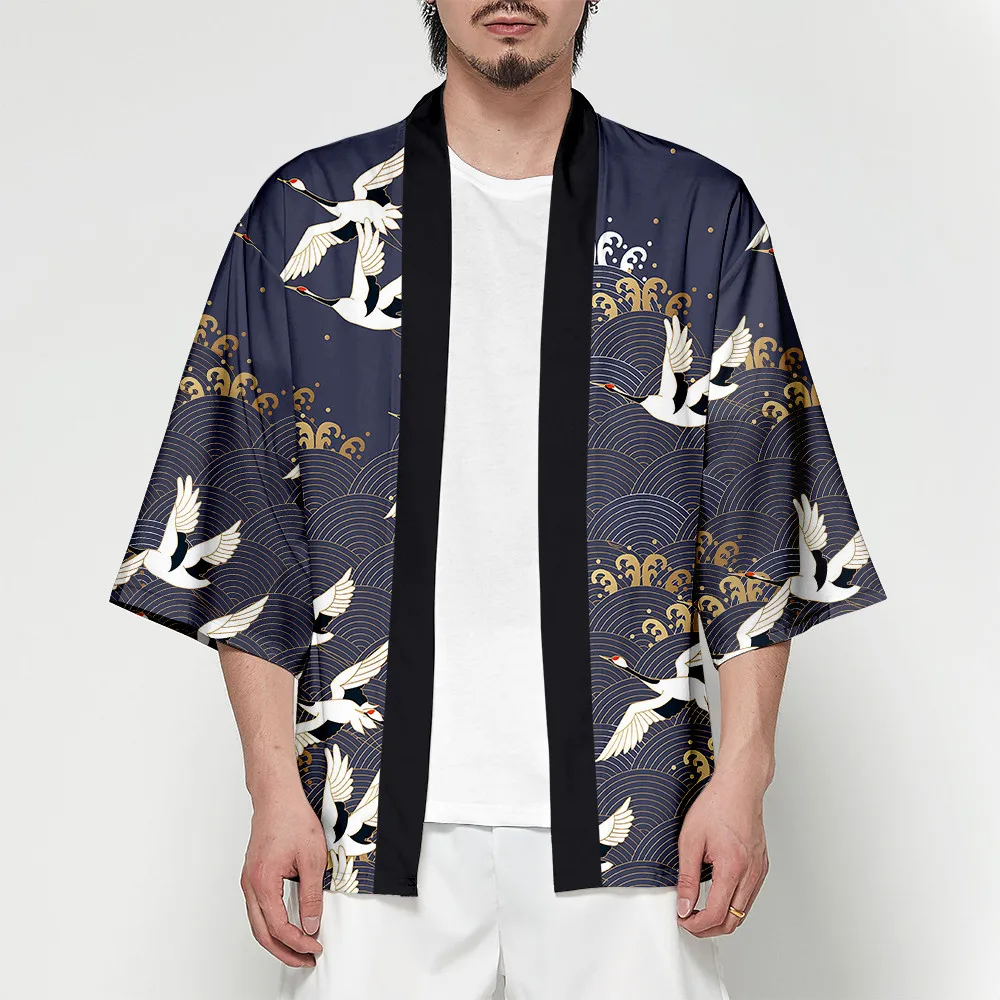 

Samurai Crane-Kimono Japanese Haori Style Men Women Cardigan Chinese Dragon Traditional Japanese Clothing Asian Clothing 2021New