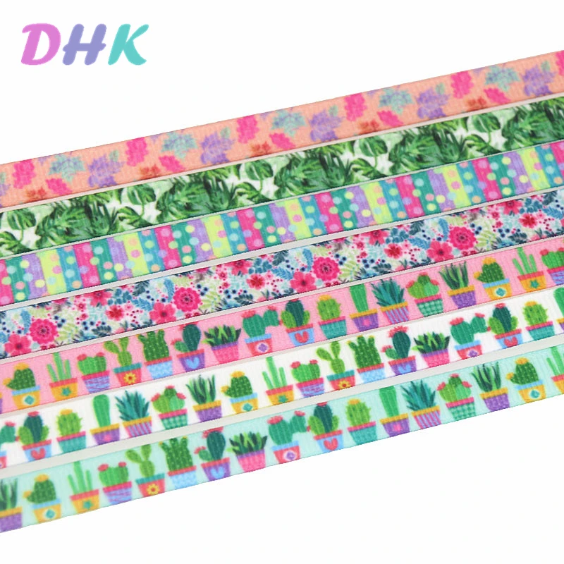

DHK 3/8'' Free shipping leaf cactus flower dots printed grosgrain ribbon Accessory Material headwear DIY decoration 9mm S1307