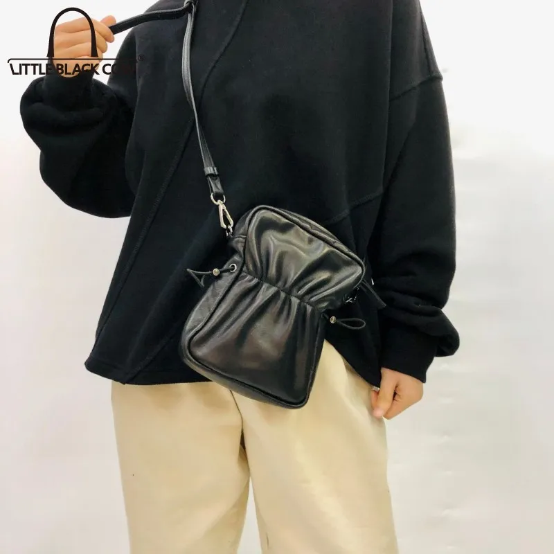 

New Womens Korean Style Genuine Leather Crossbody Bags Folds Casual Black Fashion High Quality Armpit Design Shoulder Bag