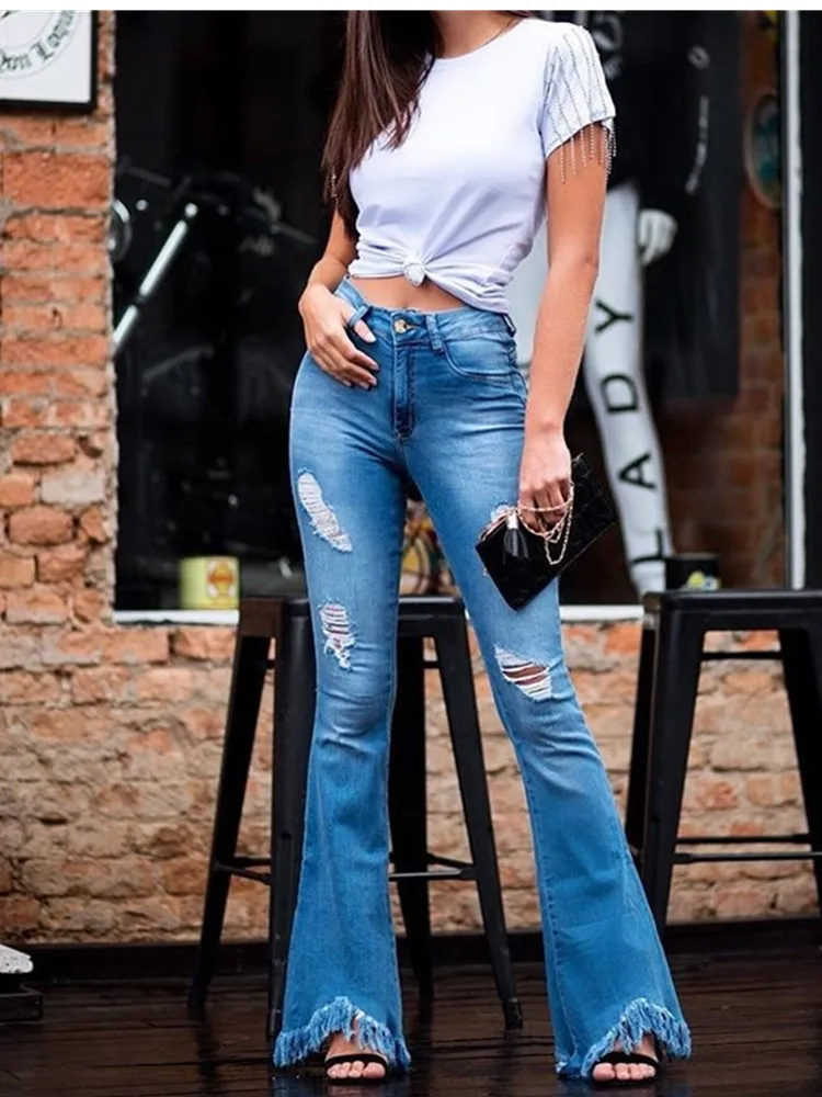 Джинсы Mujer 2019 джинсы с высокой талией женские джинсовые рваные колокольчиками