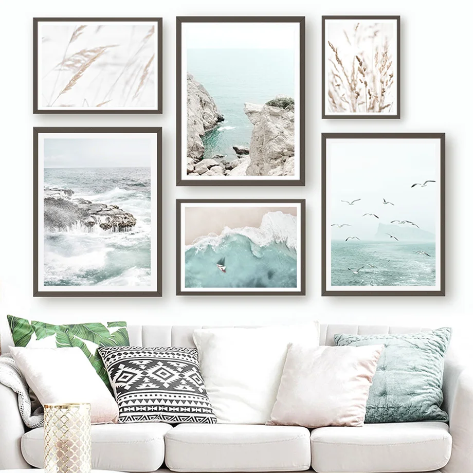 WTQ Coast Reed Sea Sailboat Beach Waves Wall Art Canvas Painting Nordic Posters Prints Room Decor Pictures Home Decoration | Дом и сад