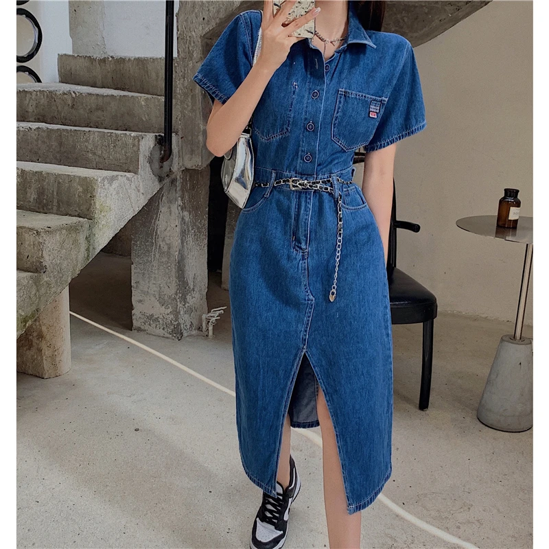 

Summer New Vintage Long Denim Dress Women Split Korea Elegant Casual Temperament Cowboy Dress Slim Vestidos Chic Fashion+Belt