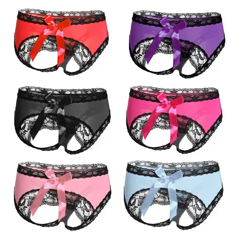 

Women Sexy Open Butt Panties Big Bowknot Floral Lace Trim Hollow Lingere Briefs