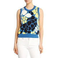 women autumn polyester knitted sweater vest blue floral printed pattern round collar sleeveless tops s m l