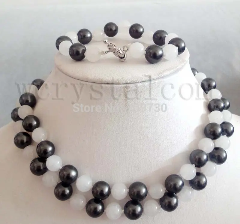 Jewelry 00714 black mother of pearl 10mm white stone necklace bracelet set (A0423) | Украшения и аксессуары