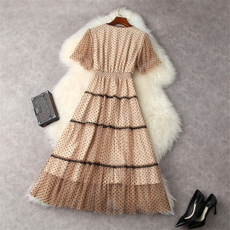 

Runway Fashion Designer Summer Short Sleeve Flocking Polka Dot Mesh Dresses for Women 2021 Elegant Midi Vintage Party Vestidos