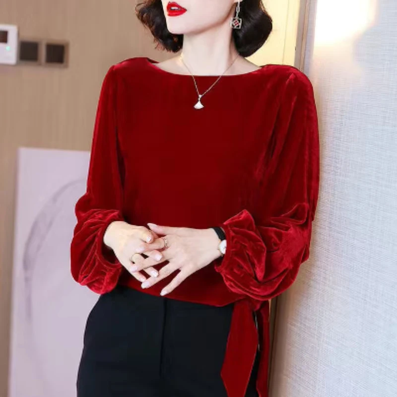 

Korean Solid Velvet Women's Tops Long Sleeve Ruffles Blouses Ladies Shirt Tops Femme Plus Size