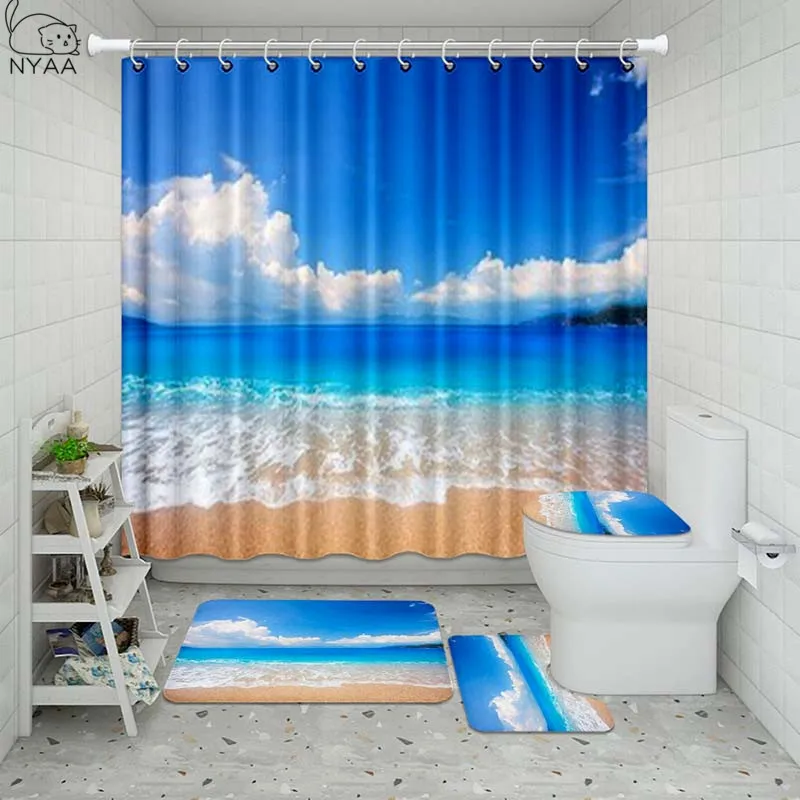 Vixm синий морской пейзаж ванная комната водонепроницаемый набор занавесок для