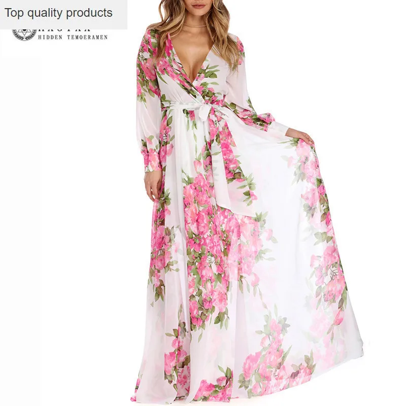 

Women Spring Summer Boho Beach Maxi Dress 2020 Plus Size Long Floral Print Chiffon Party Dresses Casual Clothing Vestidos Okc120