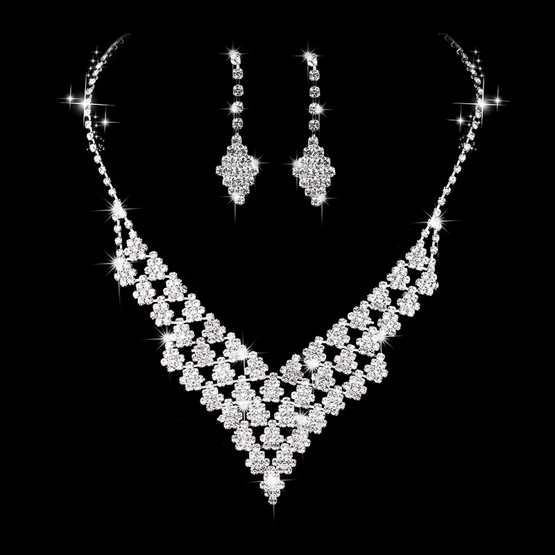 

Cx43 высококачественный Глубокий V-образный вырез, романтический свадебный комплект с цепочкой и кристаллами, ожерелье, серьги, комплект из 2 ...