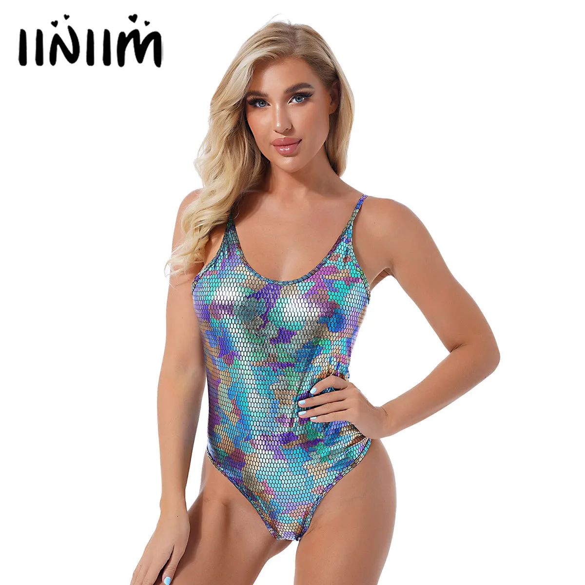 Сексуальное женское блестящее боди из искусственной кожи на бретелях-спагетти с