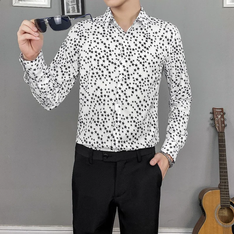 

Business Casual Shirts for Men 2021 Autumn Long Sleeve Slim Star Print Formal Dress Shirts Streetwear Social Party Male Clothing