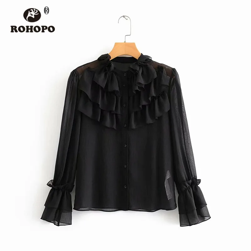 ROHOPO морщин Ткань каскадные оборки воротник черная блузка браслет на ухо с