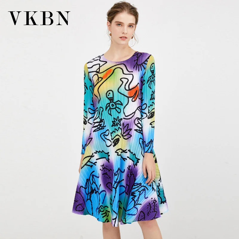 

VKBN Summer Dress 2021 Long Sleeve Printing Elastic Elegant Dress Fold Abstract Creative O Neck Vestidos De Fiesta