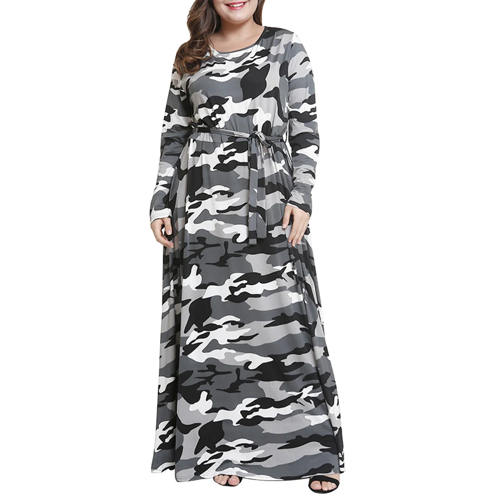 Женское платье-макси в стиле милитари размера плюс камуфляжный принт длинный