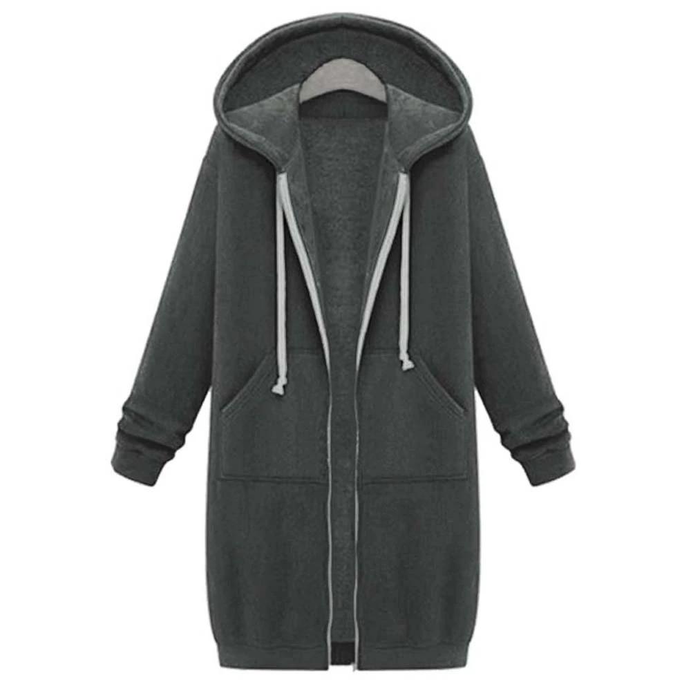 

2021 Autumn Casual Women Long Hoodies Sweatshirt Coat Zip Up Outerwears Hooded Jacket Winter Pockets Plus Size Outwear Tops