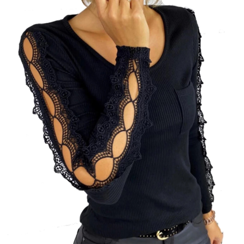 

VICABO 2020 Women's Sweater Black Lace Hollowing Out Long Sleeve Knitted Slim Ribbed Casual Jumper Pullover Black Pocket Tops