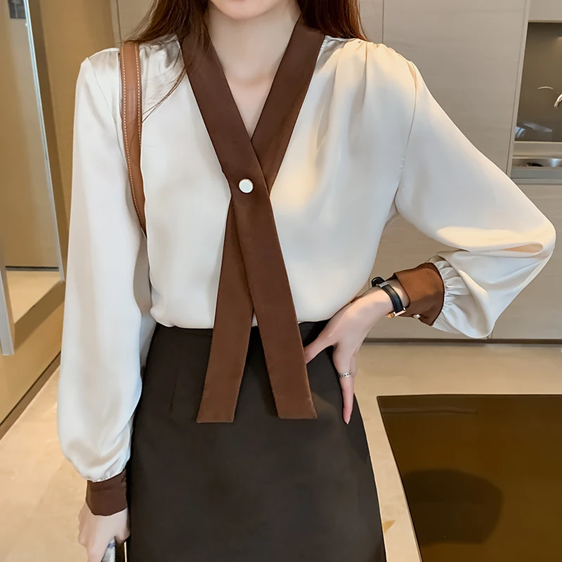 

Korean Women Blouses Chiffon Blouse Woman Long Sleeve Shirt Women V Neck Blouses Tops Plus Size Woman Ribbons Blouse Shirts XXL