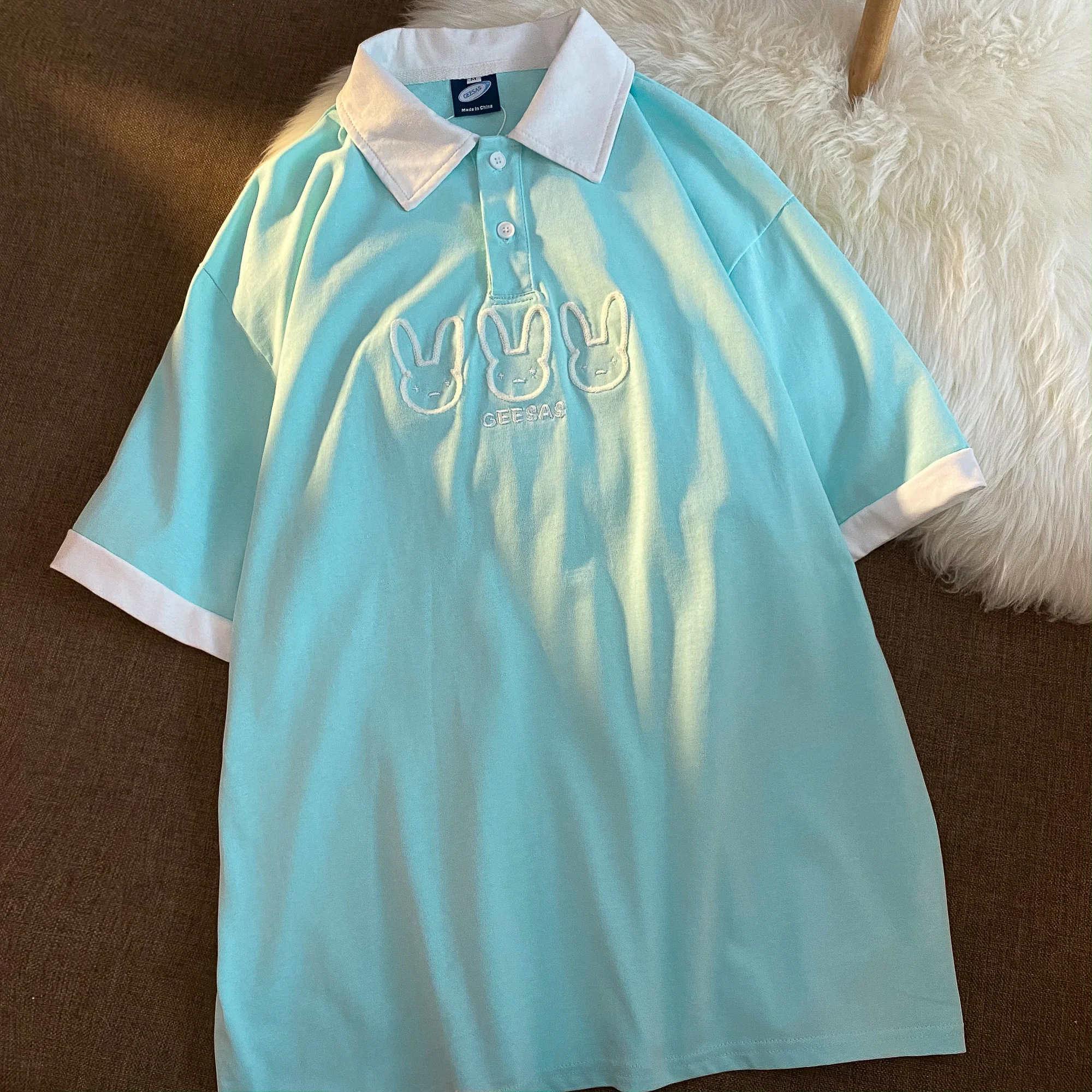 

Rabbit Embroidery Polo Shirts Female Women Cotton Tshirt Short Sleeve Kawaii Cute T-shirt Vintage Loose Oversized T shirt Teens