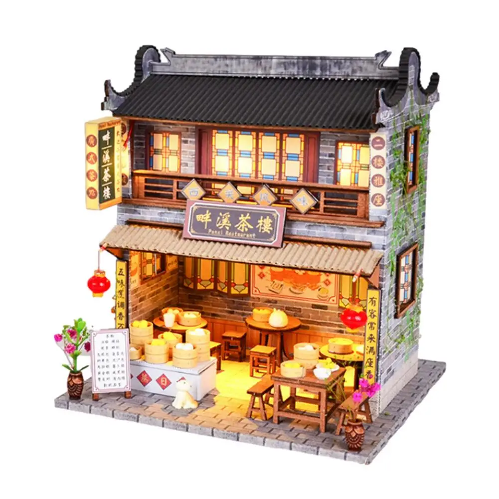 

DIY Miniature Dollhouses Kit Chinese Style Wooden House Teahouse Gift Toys For Children Doll House Birthday Gift