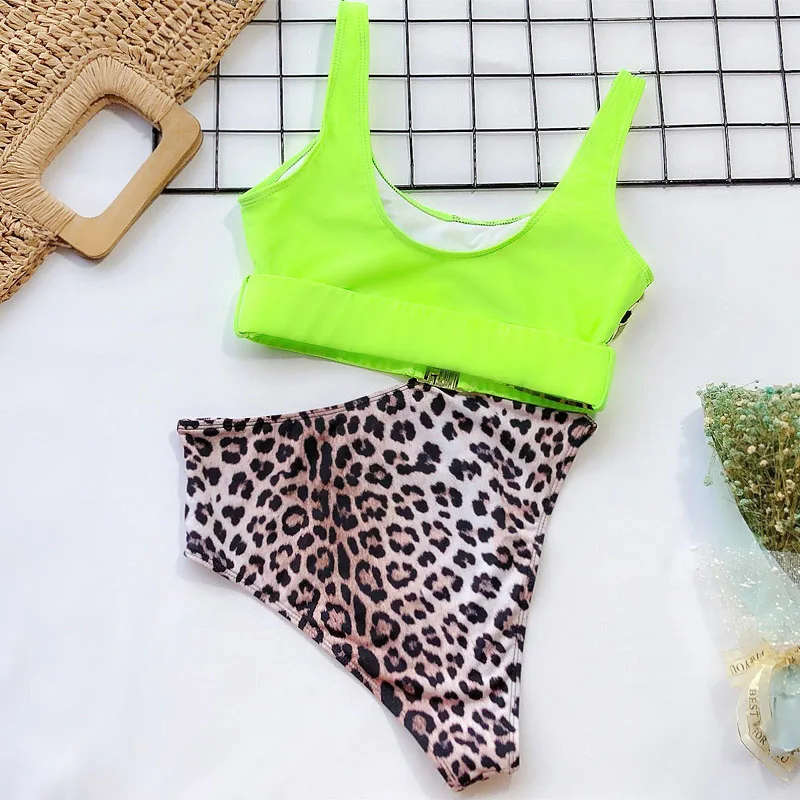

7 Colors 2020 New Splice Leopard Swimsuit High Waist Bikini Women Push Up Swimwear Sexy Bather Bathing Suit Swim Wear 5323