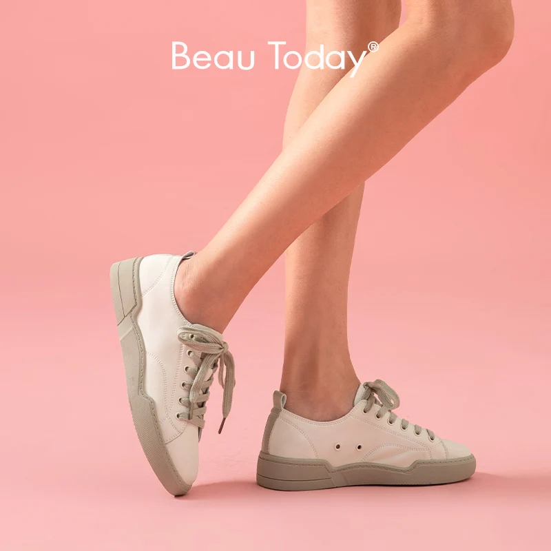 BeauToday/белые женские кроссовки из натуральной коровьей кожи с круглым носком на