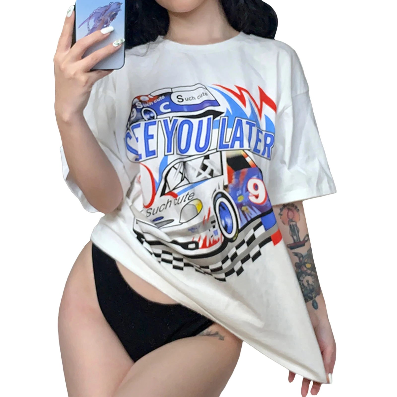 

Women's Oversized T-Shirts, Cute Cartoon Car Letter Print Short Sleeve Round Neck Tops