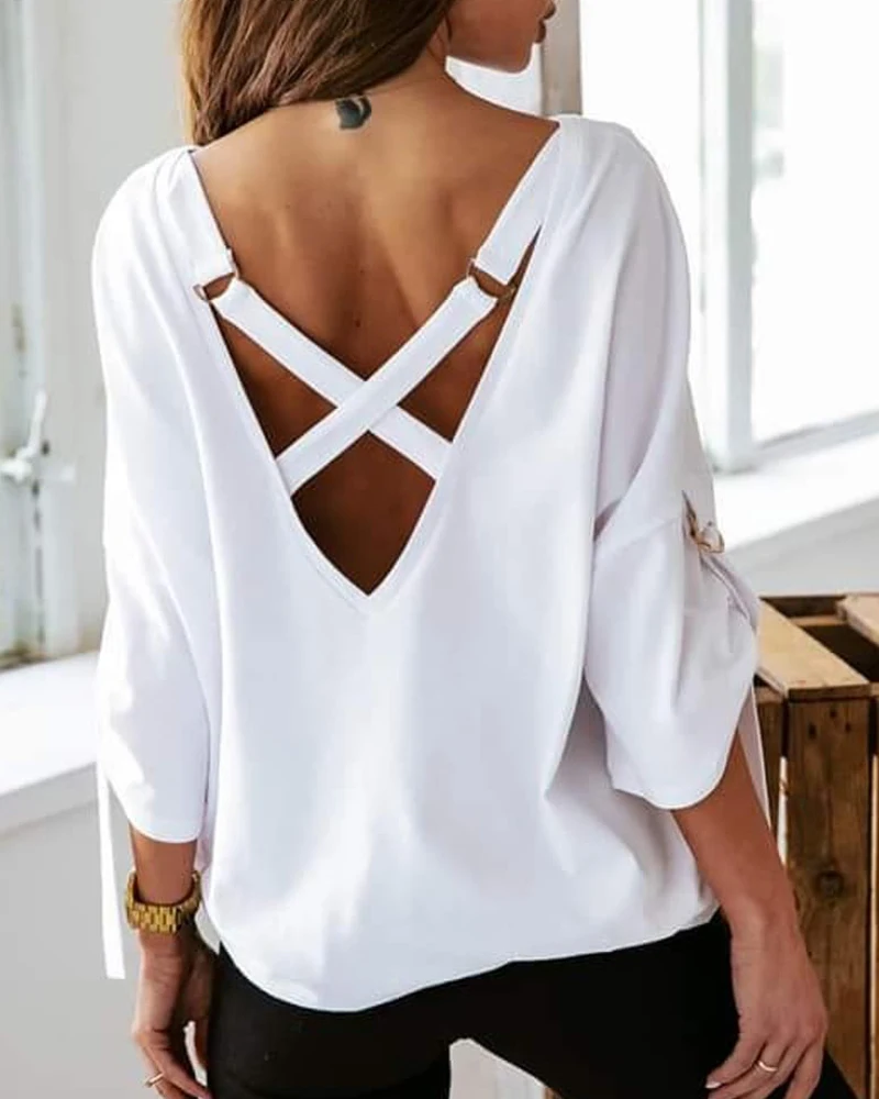 

Женские бандажные рубашки с открытой спиной, однотонная Сексуальная рубашка с длинным рукавом, повседневная женская блузка с круглым вырез...