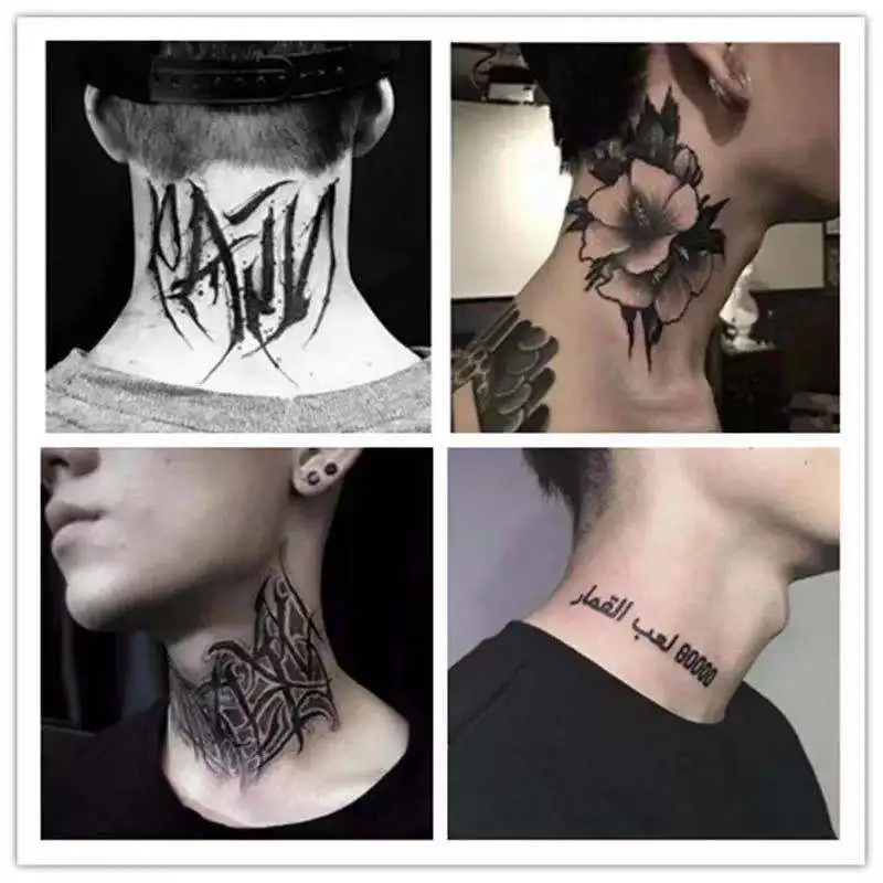 

4PCS Black Neck Flower English Words Fake Tattoo Stickers For Men Women Dark Body Arm Art Temporary Tattos Flash Decals Tatoos