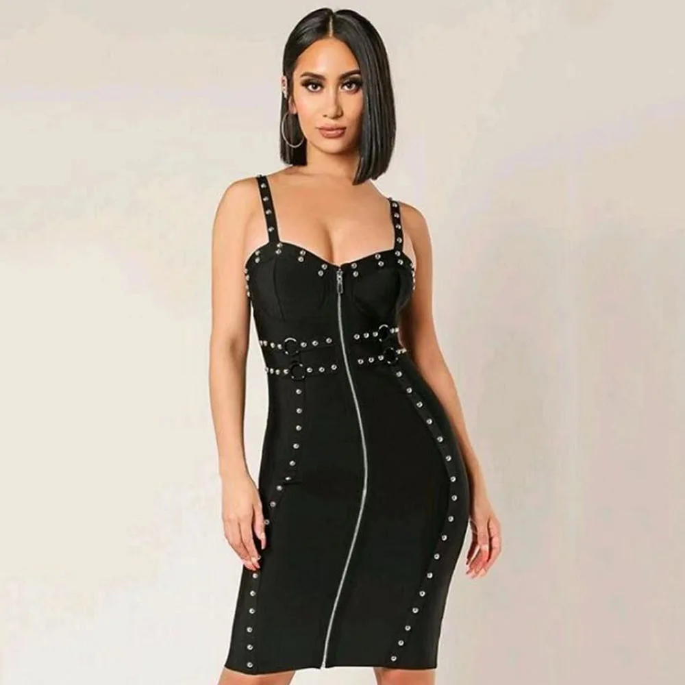 Sexy women bandage dress gold nail beading front zipper V neck strap mini bodycon party night club dress elegant vestido casual