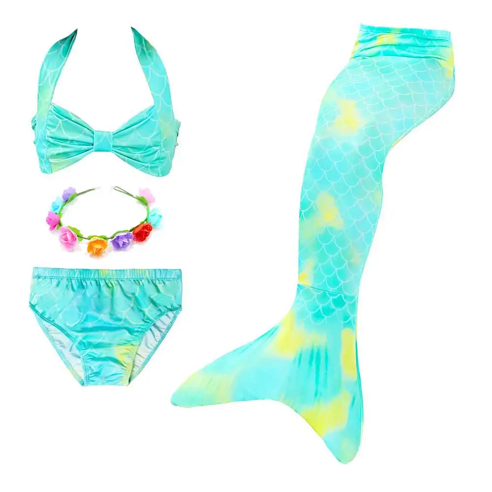 4pcs Set 7 Girls Walkable And Swimmable Mermaid Tail Swimsuit Cosplay Costume Kids Children Bikini And Sparkle Mermaid Swimtail - Цвет: 4pcs Set 7