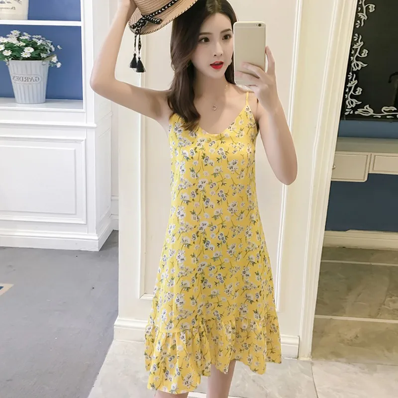 

Summer Women Ruffle Sling Dress Floral Print Lady Sleeveless Sexy A-line Chiffon Long Beach Vestidos