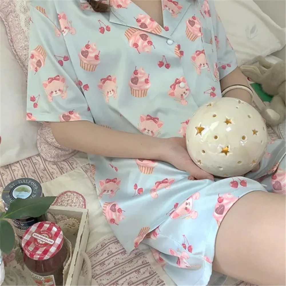 

Kawaii Pajamas For Women Silk Pyjamas Sleepwear Woman Shorts Cute Cartoon Print Pijama Satin Homewear Summer Female Set Pijama
