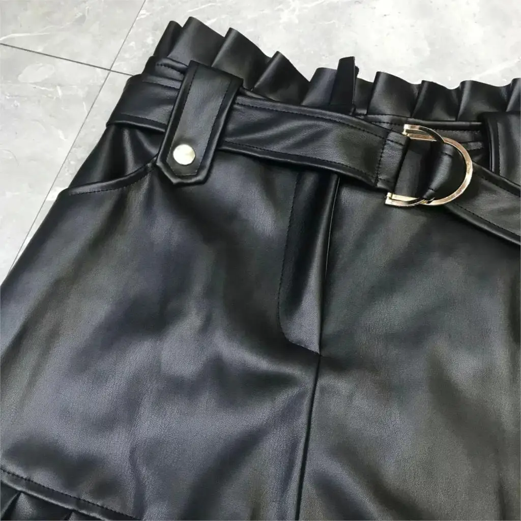 Сексуальные плиссированные юбки из искусственной кожи с рюшами женские зеленые