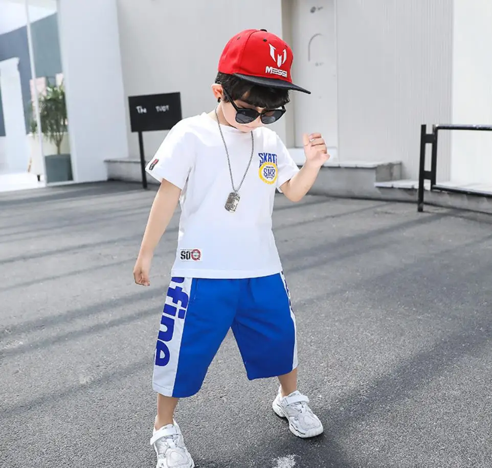 

Children's clothing summer new short-sleeved T-shirt+blue shorts set boy trend performance clothes children clothes 2-8 years