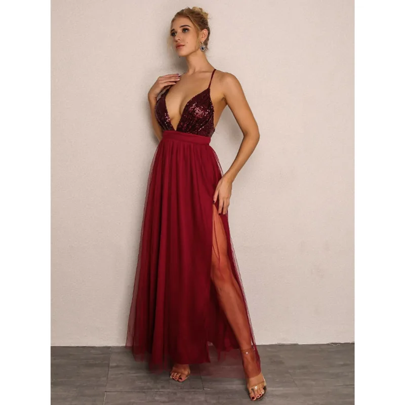 2017 на осень зиму праздничное длинное платье слинг вечернее Глубокий v образный