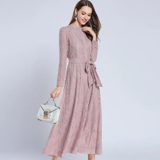 Новинка Кружевное Платье макси с бантом тонкое розовое круглым вырезом