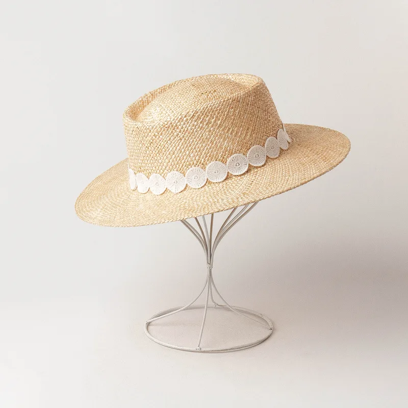 

202104-weilan summer Hand woven treasure grass lace flower ribbon lady beach fedoras cap women panama jazz hat