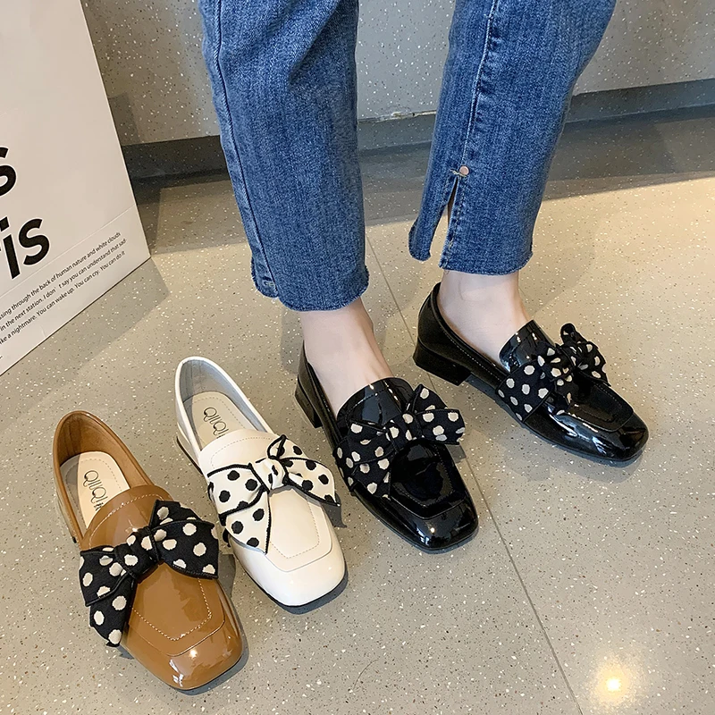 Patent Leather Ballet Flats Female Shoes Bow-Knot Slip-on Oxfords Women's Casual Sneaker Low Heels Loafers With Fur Square Toe D