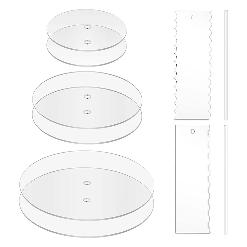 

Acrylic Round Cake Disk Set Cake Discs Circle Base Board with Center Hole Comb Scrapers Dowel Rod Supplies for Cake Tool