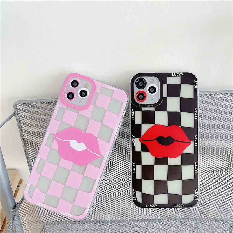 

Cute Clear Lattice Red Lips With Lanyard Female Soft Case For Iphone 11 12 Pro Max 7 8 Plus Xr X Xs Se 2020 Phone Cover Fundas